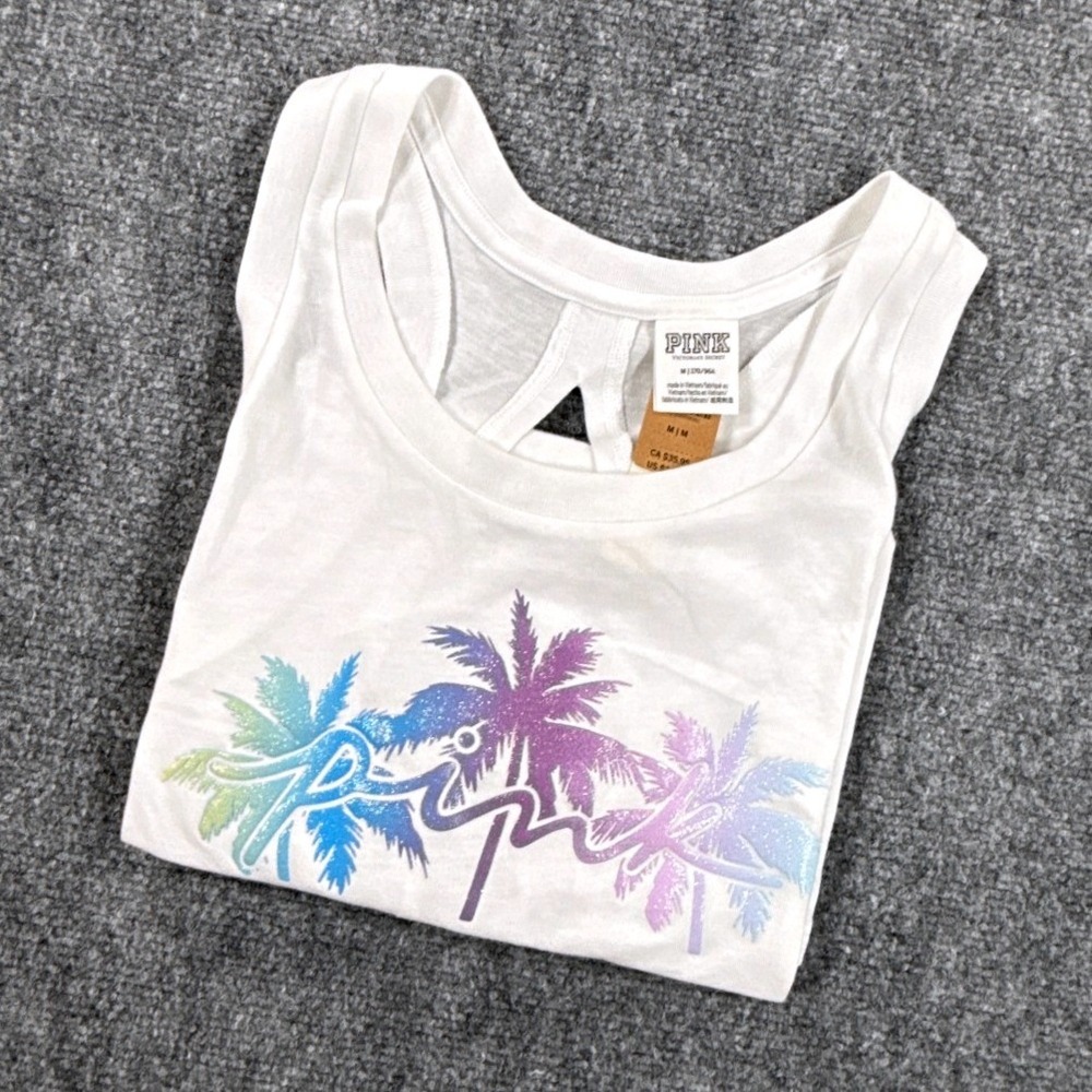 Pink Victoria's Secret Womens Medium White Palm Tree Graphic Tank Top NWT